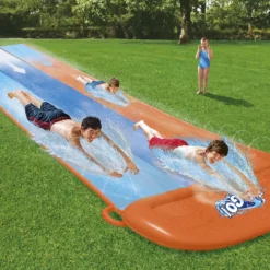 Bestway Orange & Blue Rectangular Triple Lane Slide With Sprinkler System At One End Water Slide -Hozelock Store bestway orange blue rectangular triple lane slide with sprinkler system at one end water slide6942138969092 03i bq