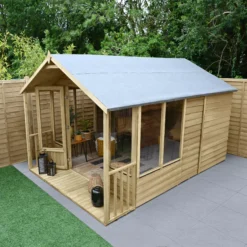 Forest Garden Oakley 8x12 Apex Overlap Solid Wood Summer House With Double Door (Base Included) -Hozelock Store forest garden oakley 8x12 apex overlap solid wood summer house with double door base included 5013053188842 03i bq