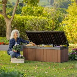 Keter Darwin Wood Effect 5x2 Garden Storage Bench Box 380L -Hozelock Store keter darwin wood effect 5x2 garden storage bench box 380l7290112636225 01i bq scaled