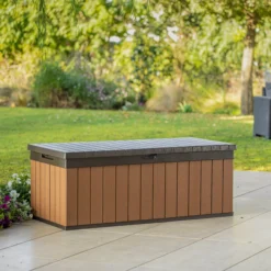 Keter Darwin Wood Effect 5x2 Garden Storage Bench Box 380L -Hozelock Store keter darwin wood effect 5x2 garden storage bench box 380l7290112636225 03i bq scaled
