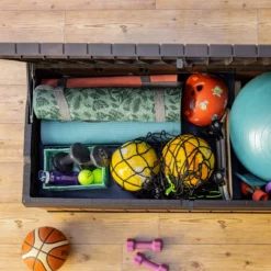 Keter Darwin Wood Effect 5x2 Garden Storage Bench Box 570L -Hozelock Store keter darwin wood effect 5x2 garden storage bench box 570l7290112636263 04i bq scaled