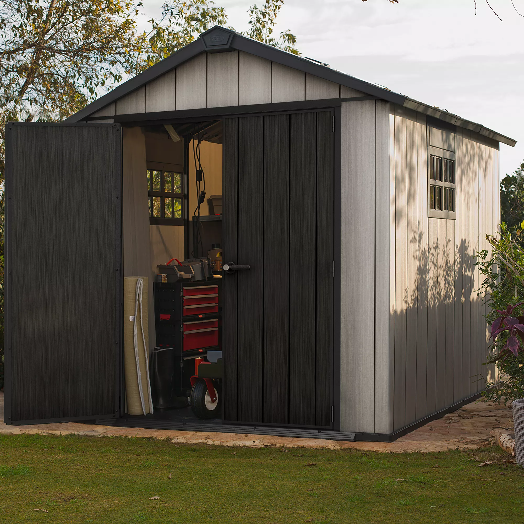 Keter Oakland Apex Anthracite Grey Plastic 2 Door 2 Windows Shed With Floor 2 Keter Oakland Apex Anthracite Grey Plastic 2 Door 2 Windows Shed With Floor - Image 2