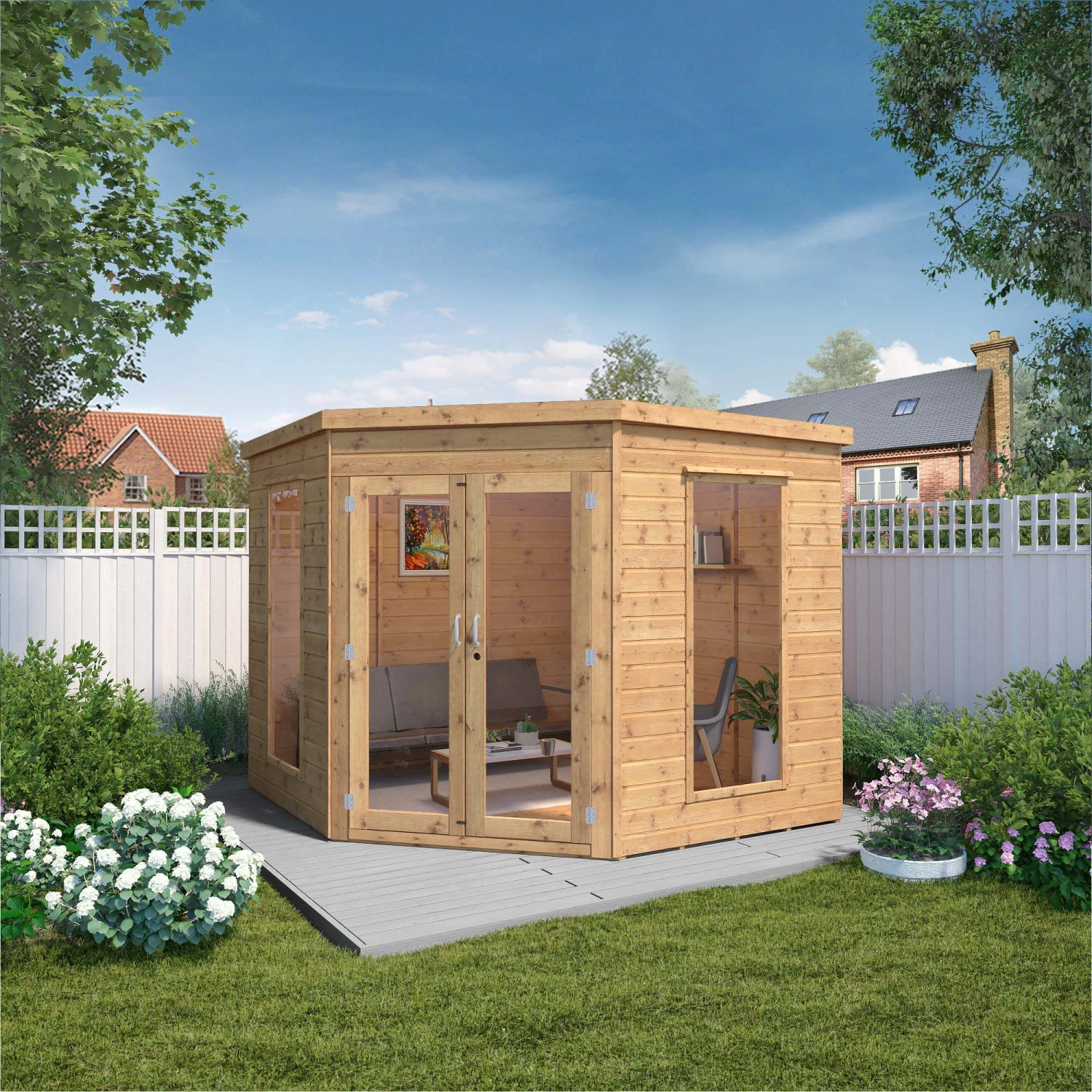 Mercia Corner 8x8 Ft Flat Shiplap Wooden Summer House With Double Door 7 Mercia Corner 8x8 Ft Flat Shiplap Wooden Summer House With Double Door - Image 7