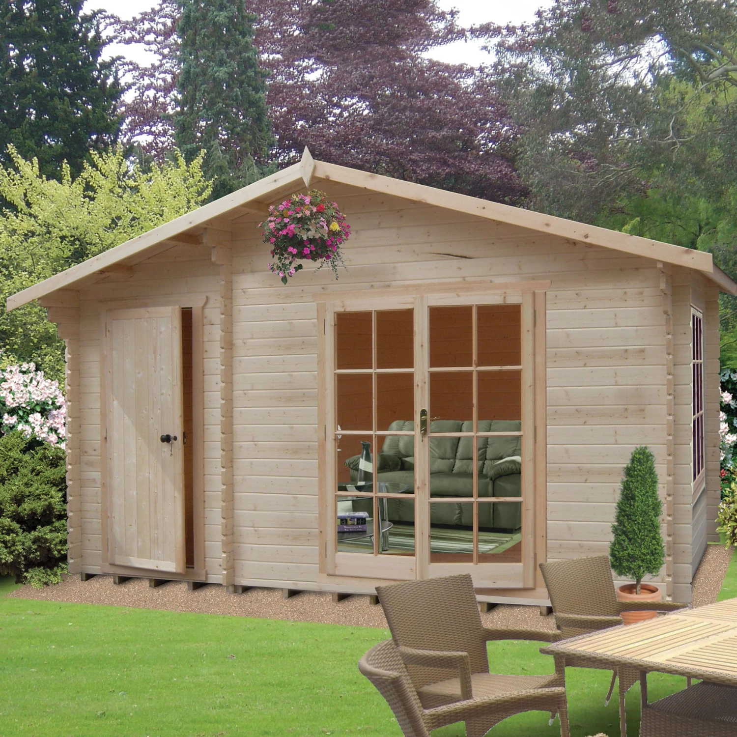Shire Bourne 12x14 Ft Toughened Glass Apex Tongue & Groove Wooden Cabin With Tile Roof - Assembly Service Included 1 Shire Bourne 12x14 Ft Toughened Glass Apex Tongue & Groove Wooden Cabin With Tile Roof - Assembly Service Included