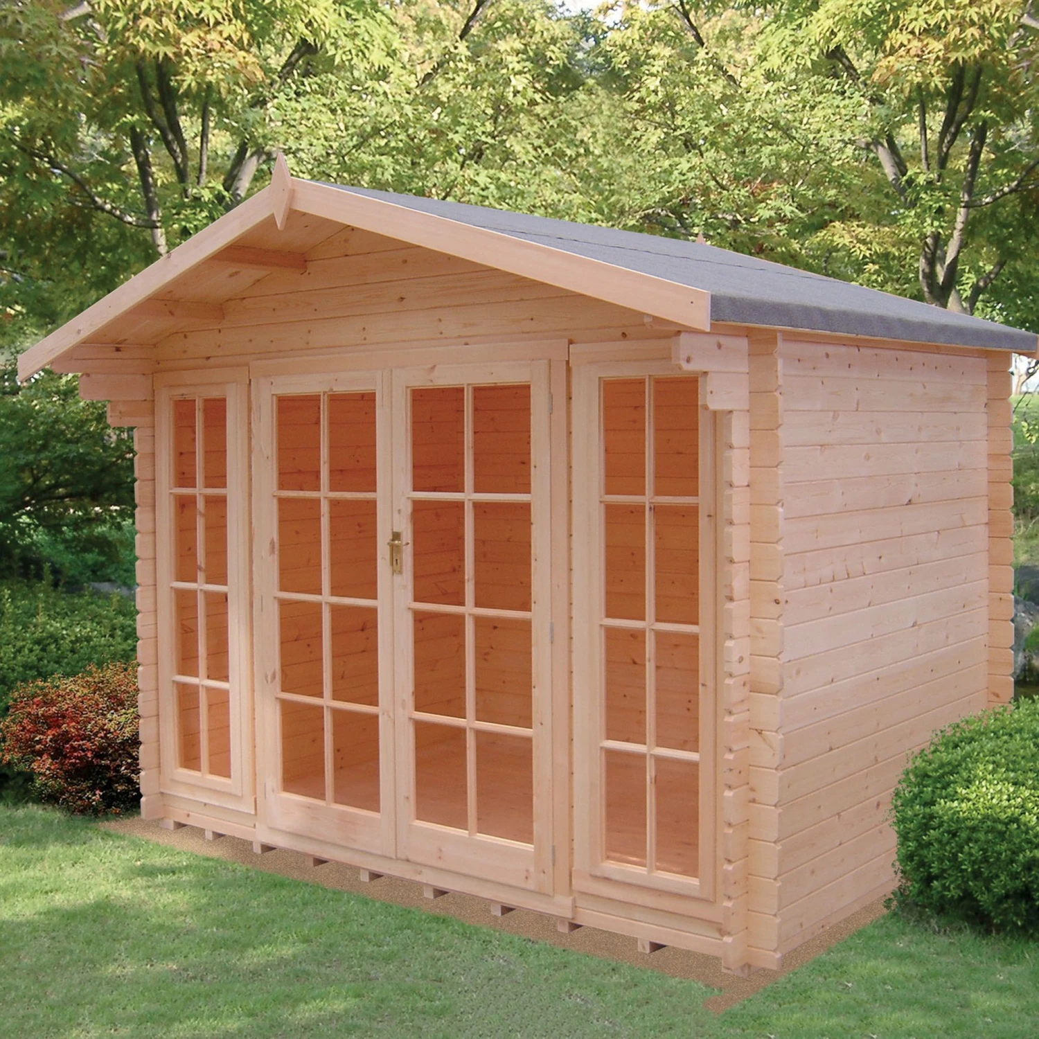 Shire Epping 10x10 Ft Toughened Glass Apex Tongue & Groove Wooden Cabin With Tile Roof 1 Shire Epping 10x10 Ft Toughened Glass Apex Tongue & Groove Wooden Cabin With Tile Roof