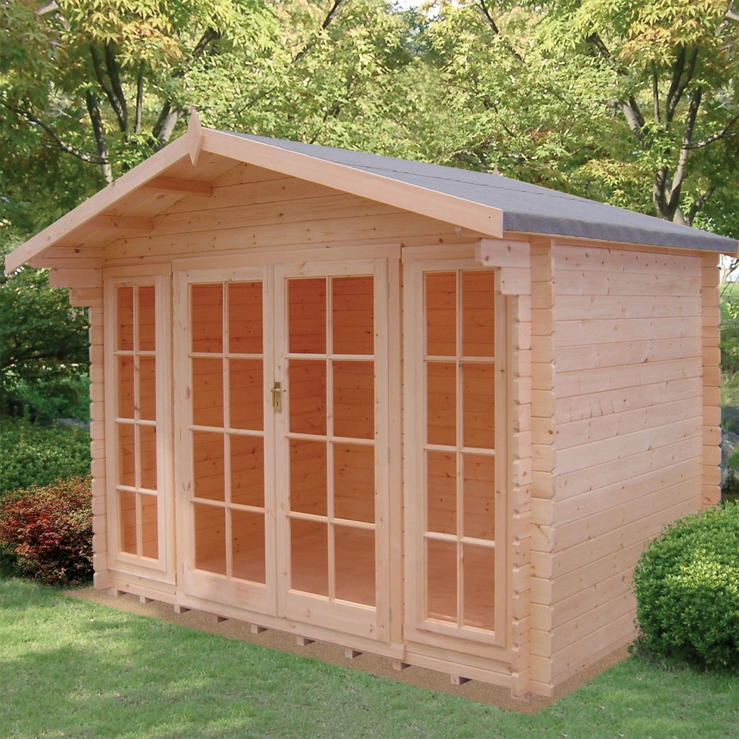 Shire Epping 10x6 Ft Toughened Glass Apex Tongue & Groove Wooden Cabin With Tile Roof - Assembly Service Included 1 Shire Epping 10x6 Ft Toughened Glass Apex Tongue & Groove Wooden Cabin With Tile Roof - Assembly Service Included