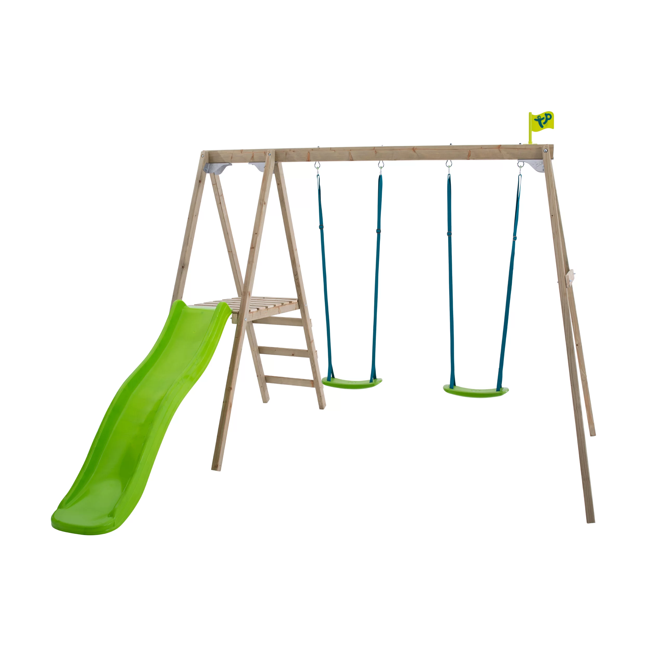 TP Toys Multi Double Green & Wood Swing & Slide (L) 2760mm X (W) 2810mm 1 TP Toys Multi Double Green & Wood Swing & Slide (L) 2760mm X (W) 2810mm